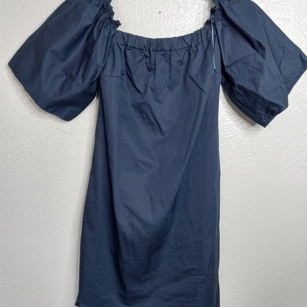 Zara Trafaluc Navy Blue Off The Shoulder Puff Sleeve Cotton Mini Dress XS - Picture 3 of 8